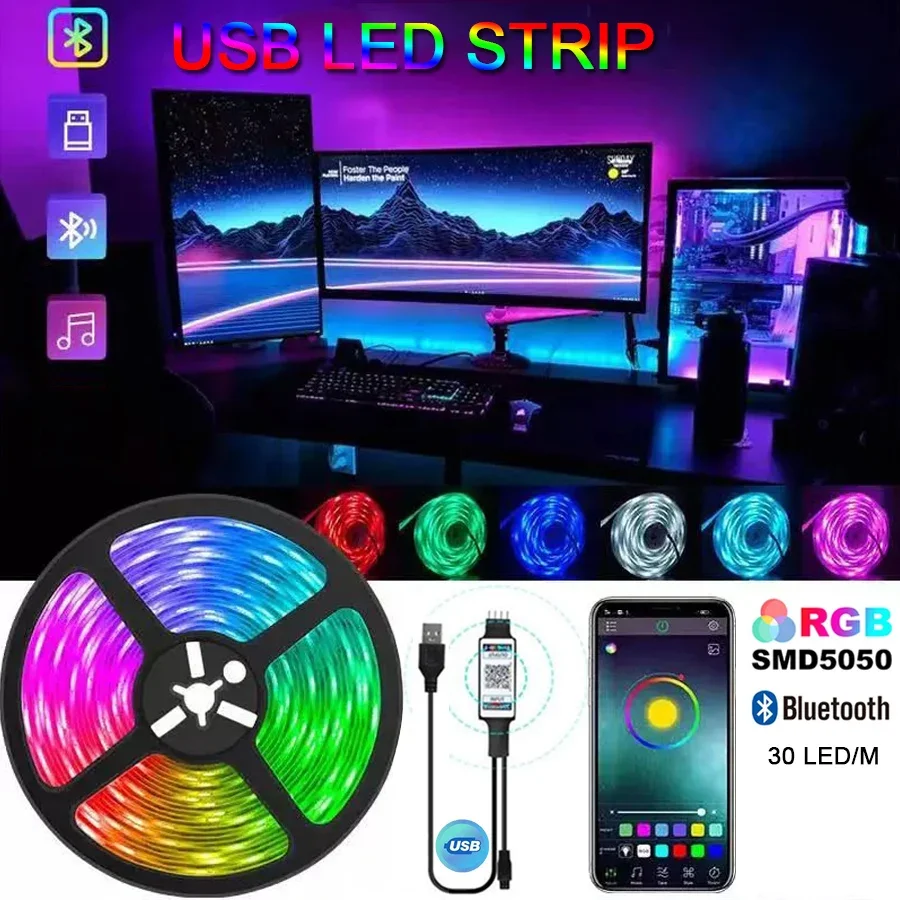 

Bluetooth 5V USB Светодиодная лента, гибкая светодиодная лампа RGB, водонепроницаемая 5050 SMD TV задняя подсветка, Wi-Fi контроллер, DC5V, черная доска
