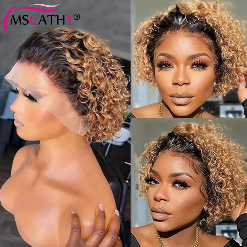 

Honey Blonde Deep Curly Pixie Cut Wigs for Black Women Ombre Colored Short Bob Wig Brazilian Remy Human Hair Curl 13x1 Lace Wig