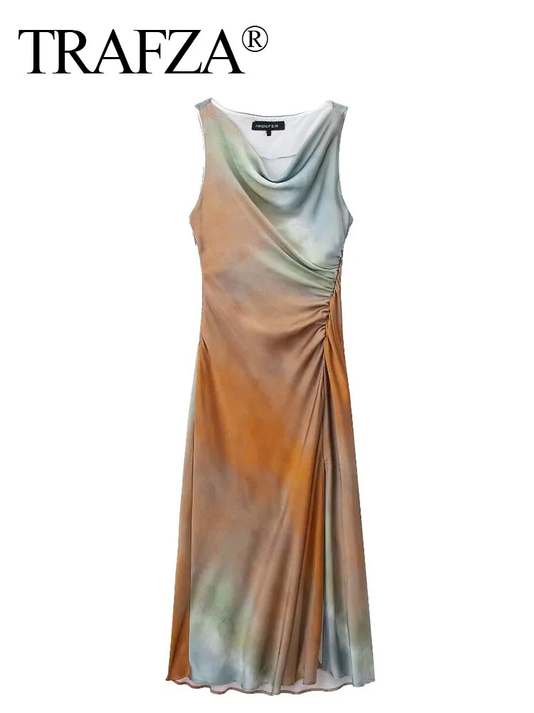 

TRAFZA Female Chic Satin Print Tie Dye Midi Dress Woman Summer Fashion Evening Elegant Sleeveless Hem Folds Dresses Vestidos