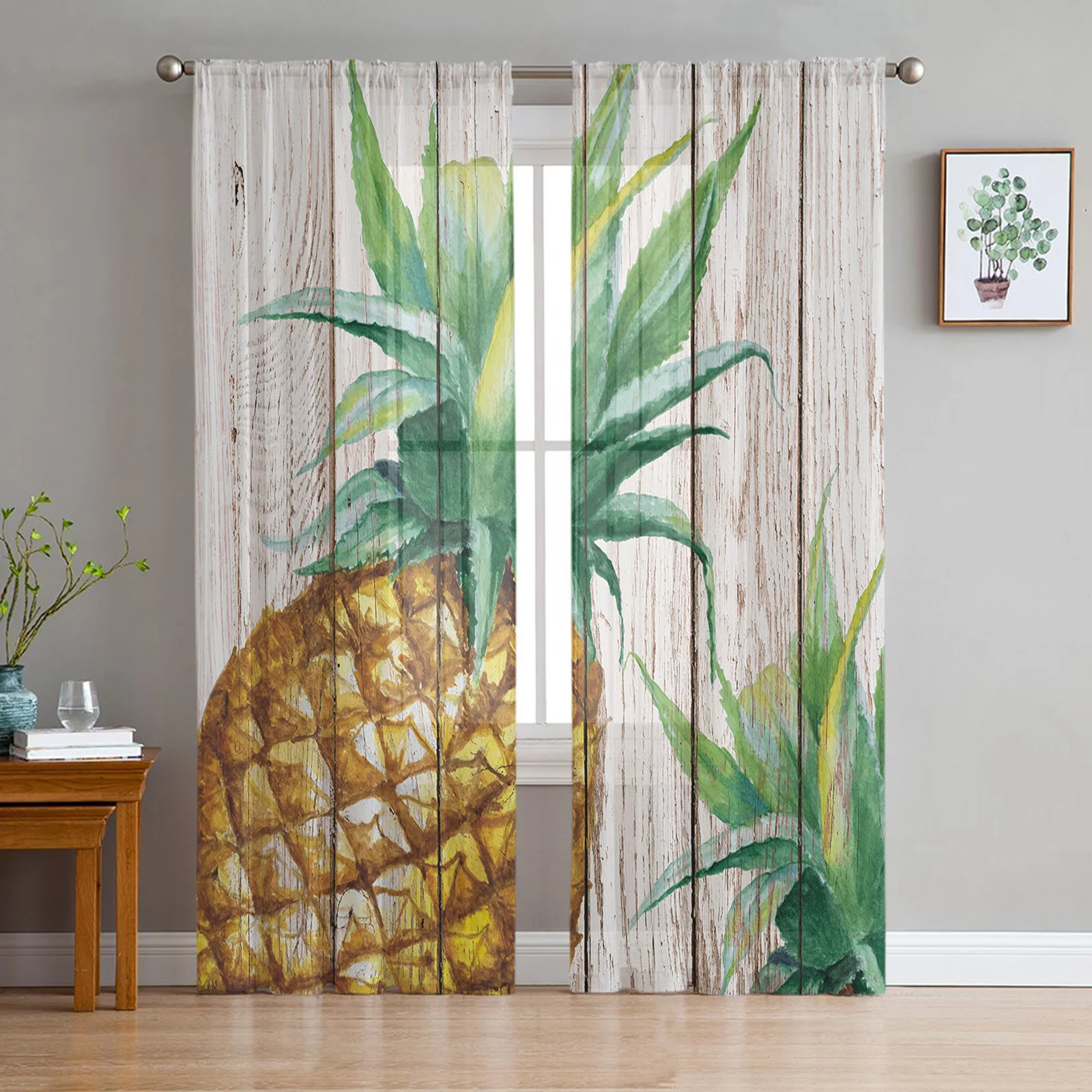 

Vintage Wood Grain Tropical Fruit Pineapple Tulle Curtains Living Room Kitchen Window Decoration Chiffon Voile Sheer Curtain