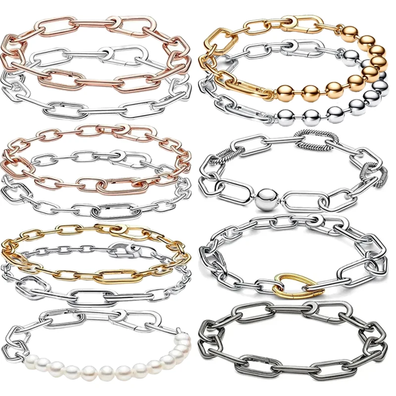 

New Hot Selling S925 Sterling Silver ME Series Two tone Love Ring Chain Women's Pearl Logo Bracelet DIY Fashion Jewelry