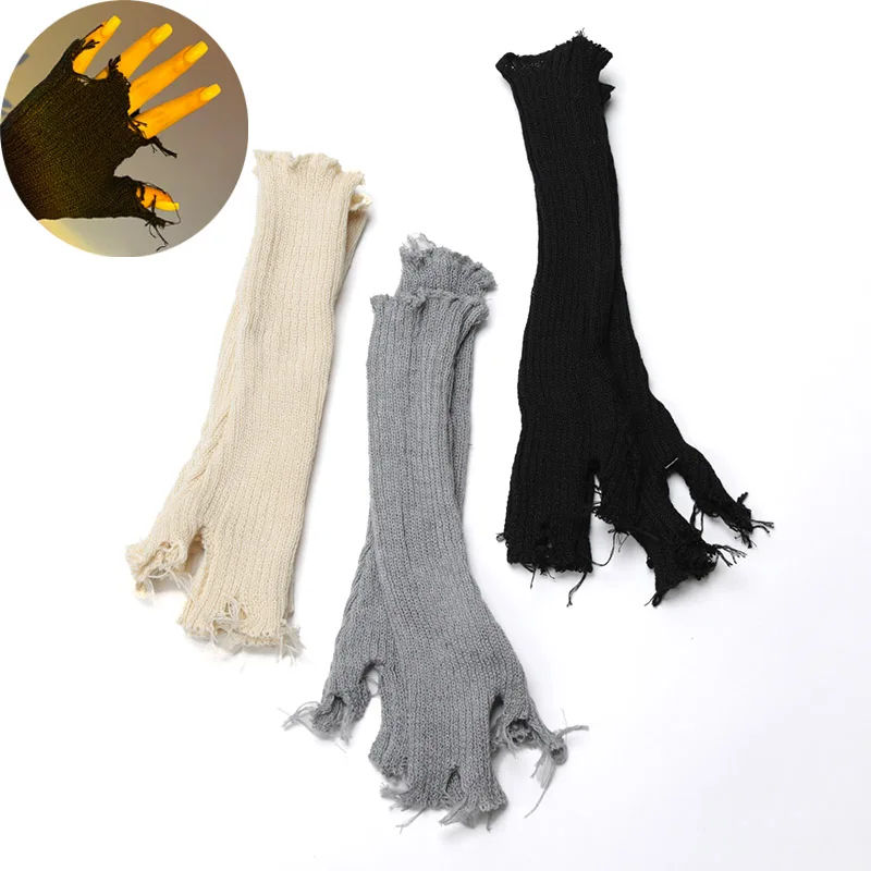 

Unisex Black Gothic Gloves Knitted Ripped Oversleeves Women Warm Arm Sleeve Tattered Punk Fingerless Cuff Glove Elbow Mittens