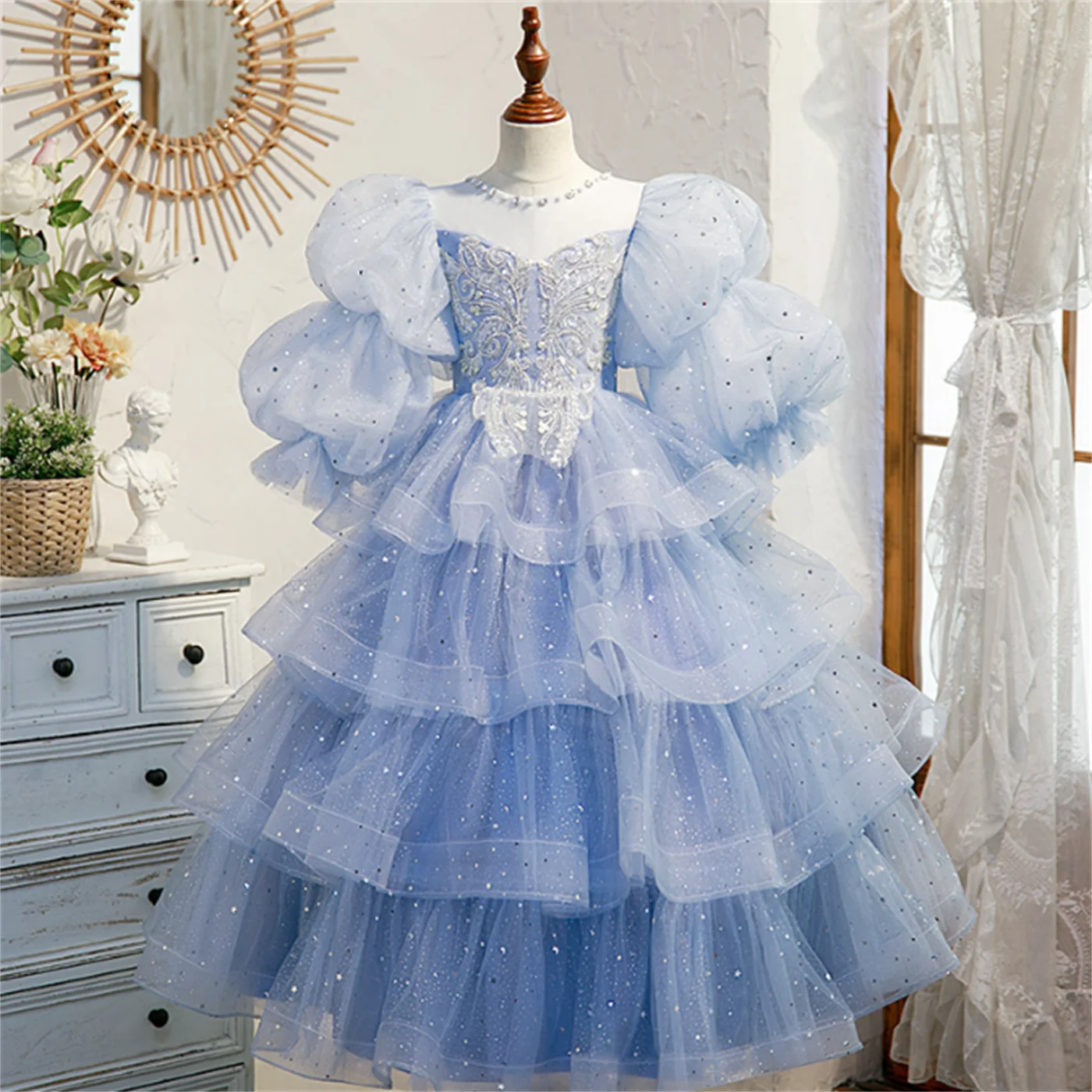 

Girl Communion Stylish White Flower Girls Dress for Wedding Party High Neck Baptism Gowns Tulle Full Sleeve Appliques Kid Holy
