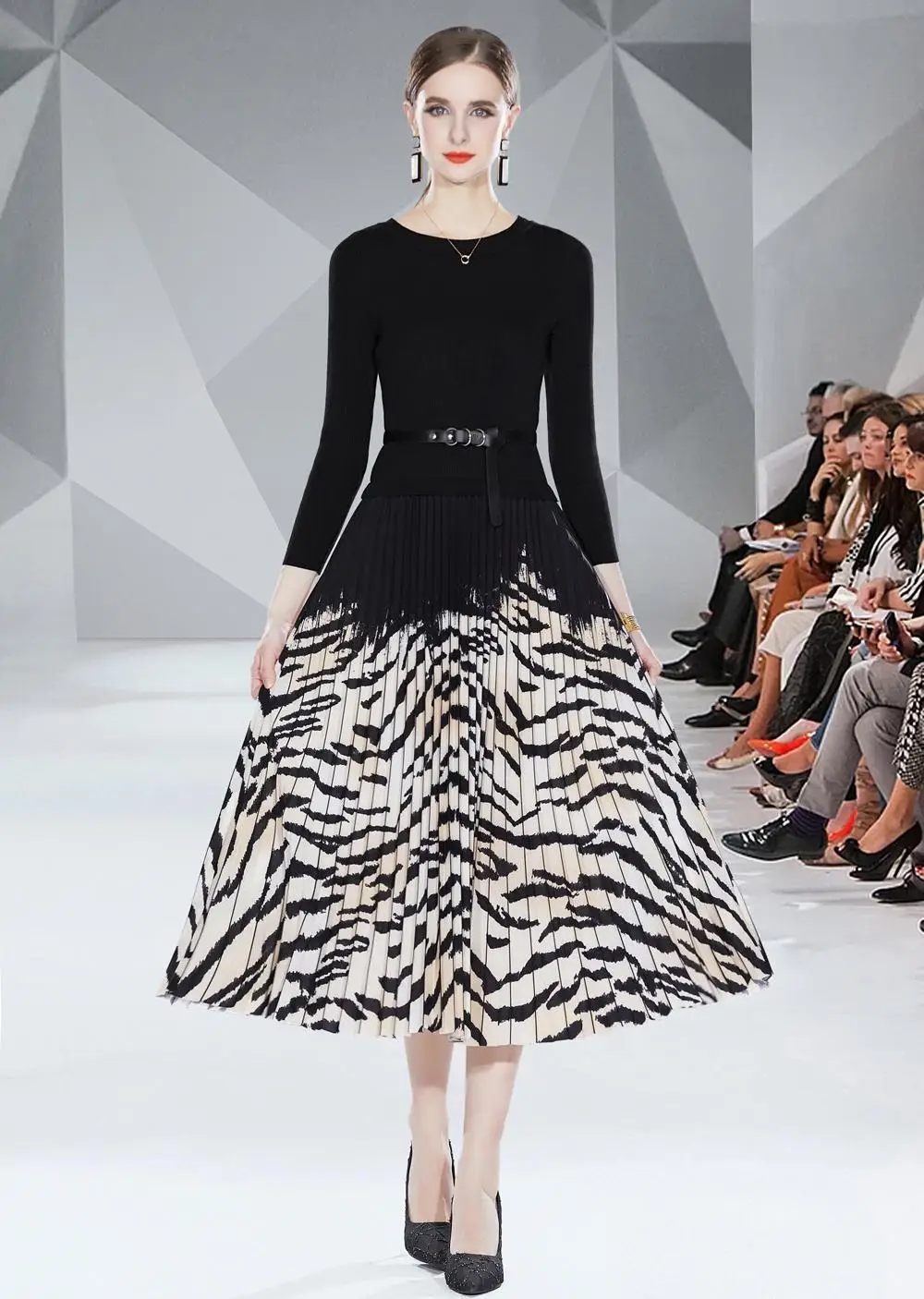 Autumn Winter Ink Painting Print Patchwork Sweater Knitted Dress Women Long Sleeve Contrast Pleated Midi Vestidos With Belt
Autumn Winter Ink Painting Print Patchwork Sweater Knitted Dress Women Long Sleeve Contrast Pleated Midi Vestidos With Belt
