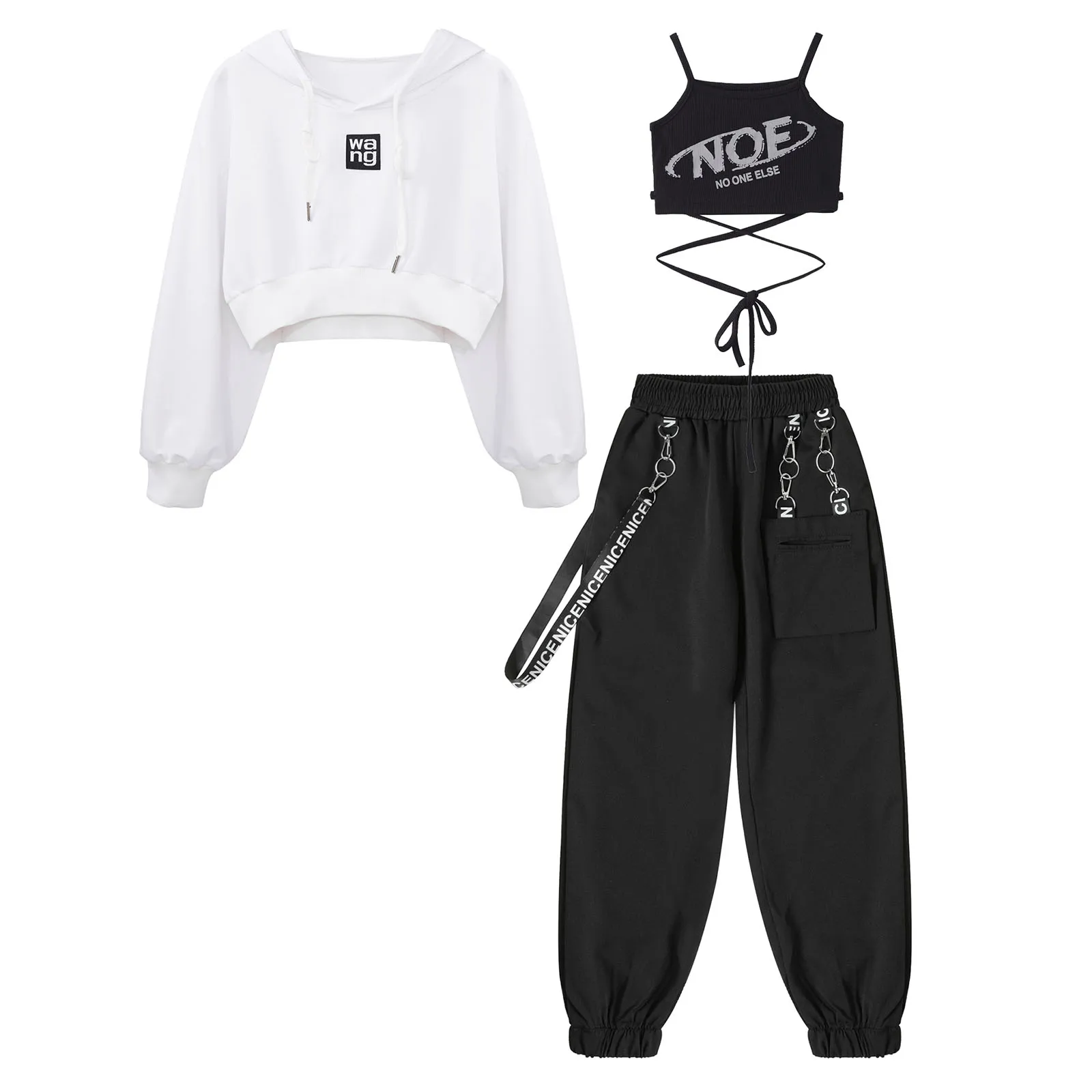 

2023 Kids Girls Hip-Hop Jazz Dance Costumes Casual Letter Print Lace-up Vest Cropped Hoodie Drawstring Metal Chain Pocket Pants