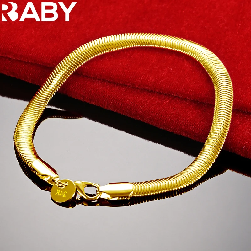 

URBABY 24K Gold 6mm Flat Soft Snake Chain Bracelet For Women Men Fashion Jewelry Wedding Party Accessories Gift