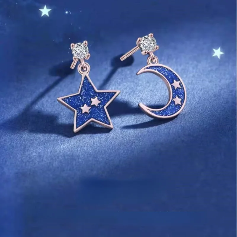 

Korean Fashion New Zircon Asymmetric Blue Star Moon Earrings for Women Trendy Silver Needle Light Luxury Earstuds Jewelry Gift