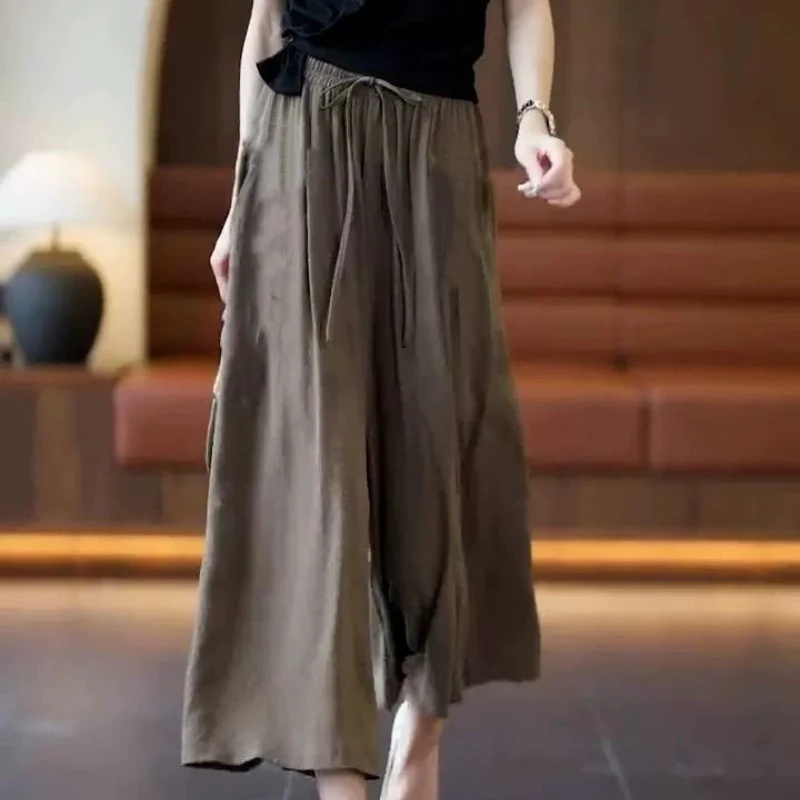 

2024 Summer Thin High Waist Loose Casual Elastic Waist Large Size Covering Meat Elegance Simple Seven Quarter Wide Leg Pants For