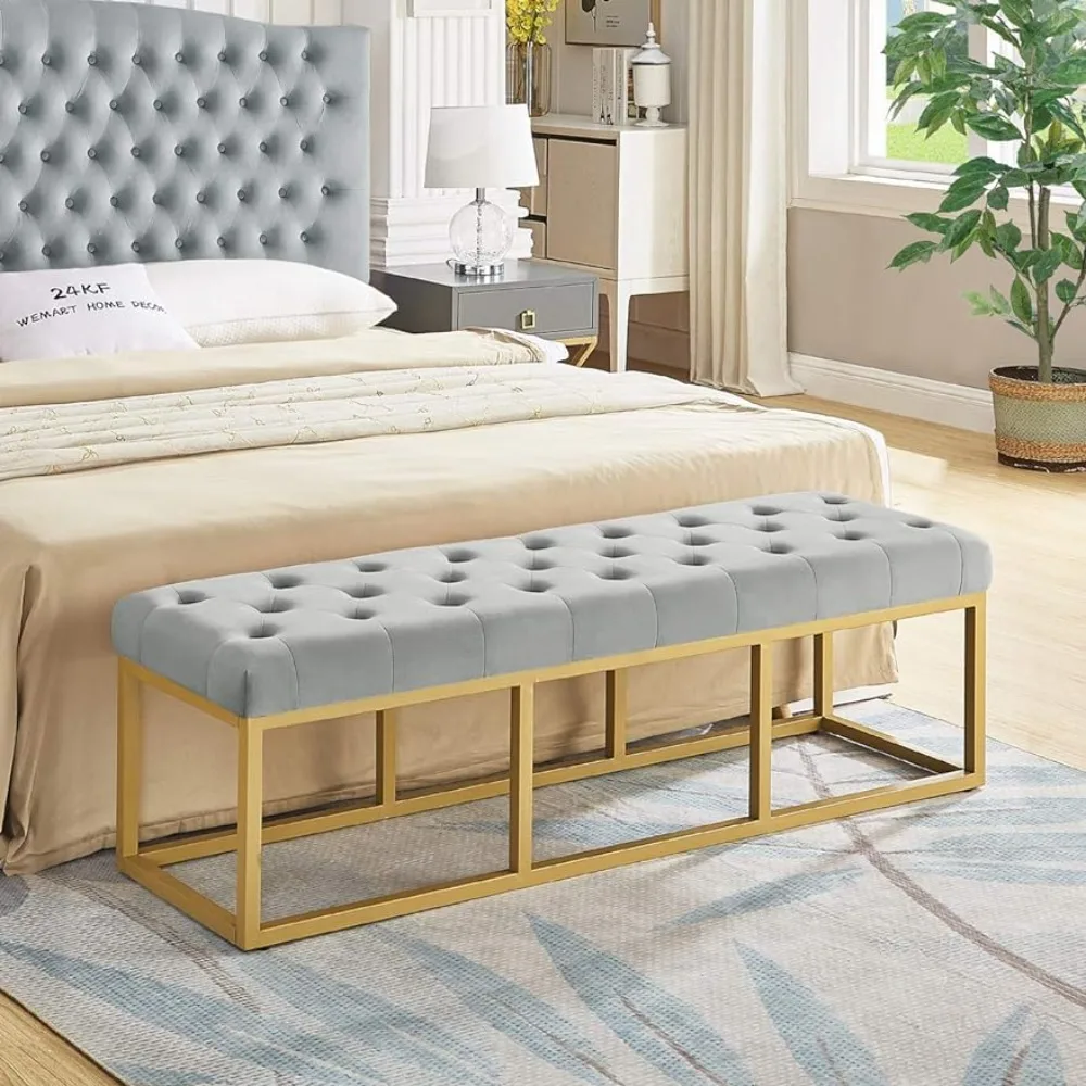Upholstered Tufted Long Bench With Golden Metal Leg Bed Stool Gray Velvet Bench With Padded Seat-Gray Bedroom Ottoman Living
Upholstered Tufted Long Bench With Golden Metal Leg Bed Stool Gray Velvet Bench With Padded Seat-Gray Bedroom Ottoman Living