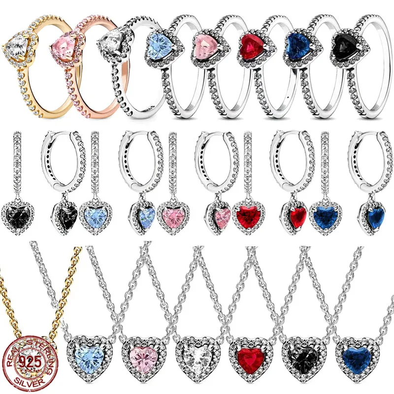 

New 925 Sterling Silver Classic Heart shaped Shiny Zircon Earrings Ring Necklace Exquisite Charm Jewelry Commemorative Gift