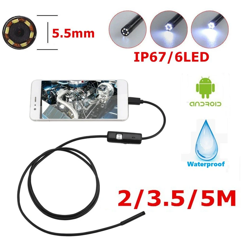 5.5mm Endoscope USB Mini Camera Flexible IP67 Waterproof Micro USB Inspection Borescope Camera For Android 6 LED Adjustable
5.5mm Endoscope USB Mini Camera Flexible IP67 Waterproof Micro USB Inspection Borescope Camera For Android 6 LED Adjustable
