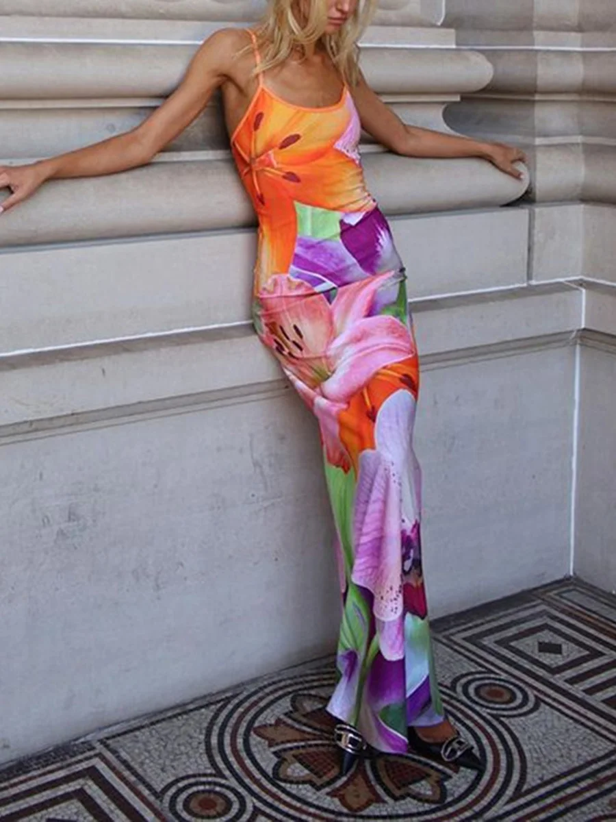 

Женское платье макси Y2k с цветочным принтом, облегающее длинное платье на бретелях-спагетти, облегающий сарафан с открытой спиной в стиле бохо