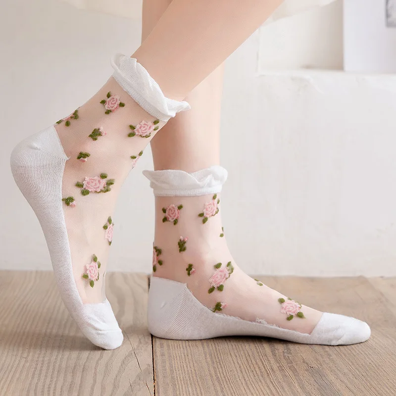 Women Summer Transparent Glass Crystal Thin Socks Cute Rose Blossom Embroidery Bubble Mouth Lace Socks Female Elastic Stockings
Women Summer Transparent Glass Crystal Thin Socks Cute Rose Blossom Embroidery Bubble Mouth Lace Socks Female Elastic Stockings