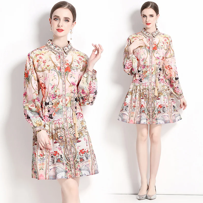 

Retro Floral Mini Shirt Dress for Women, Lantern Sleeve, Vacation Lapel Button, Lace Up Party, Slim A-Line Ballgown Frocks, 2023