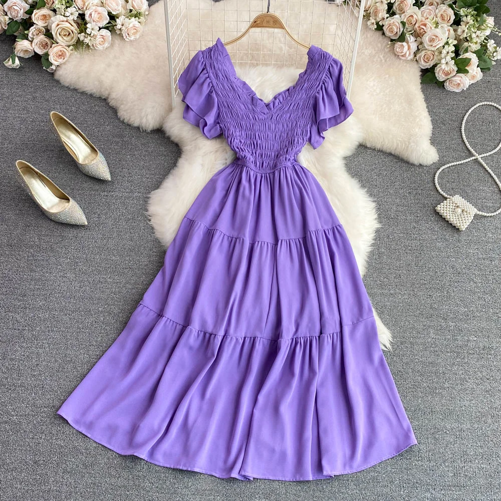 

Женское длинное Плиссированное Платье, фиолетовое платье в европейском стиле с V-образным вырезом, складками и короткими рукавами, эластичное вечерние открытой спиной, длинное вечернее платье с широкой юбкой