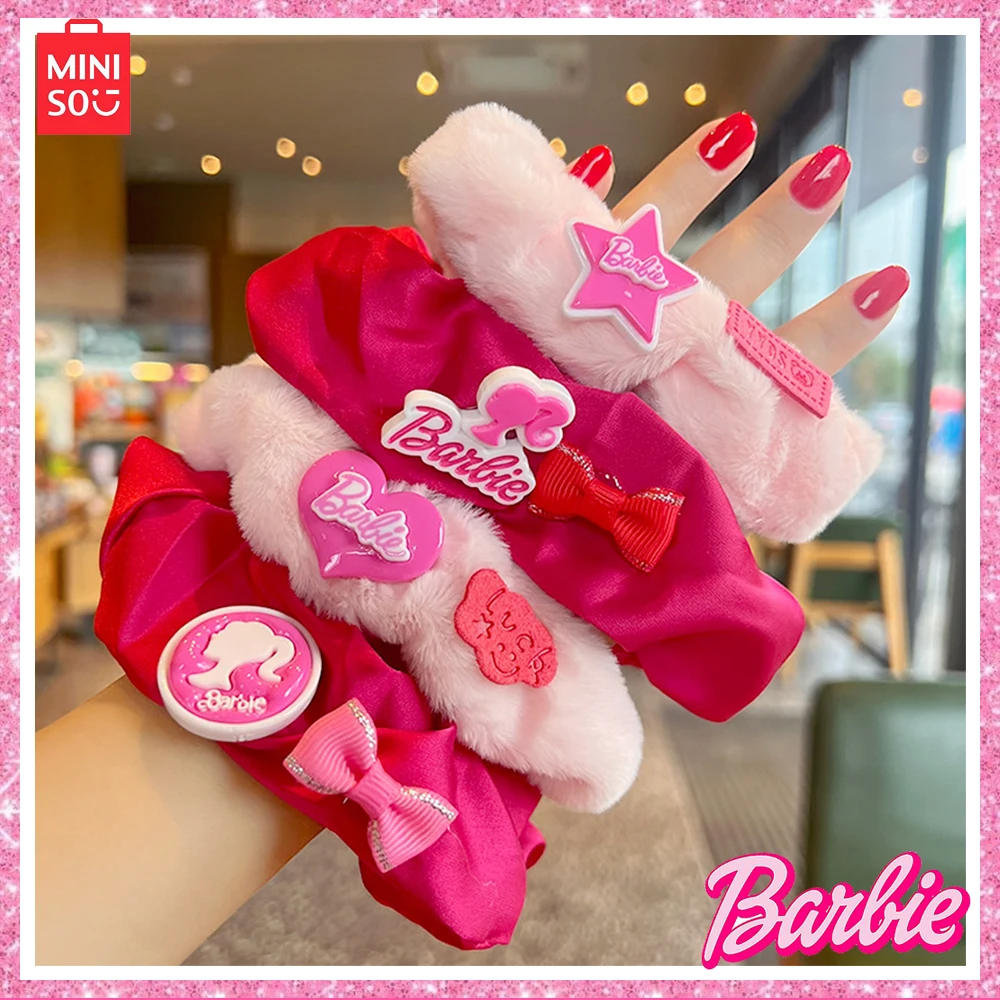 

New Miniso 4-Pcs Barbie 2024 Y2K White Plum Purple Fluffy Hair Ring Love Butterfly Knot Hair Rope Headpiece Girl Gift