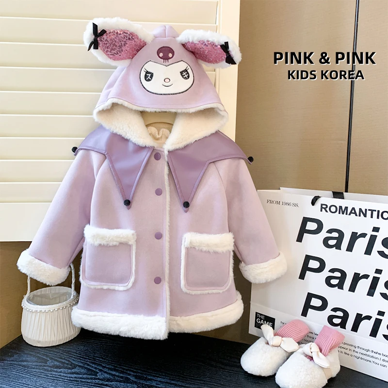 

2024 Sanrio Kuromi Children's Coat/overcoat Kawaii Anime Cartoon Cute Students Plush Thickening Warm Jacket Girls Birthday Gifts