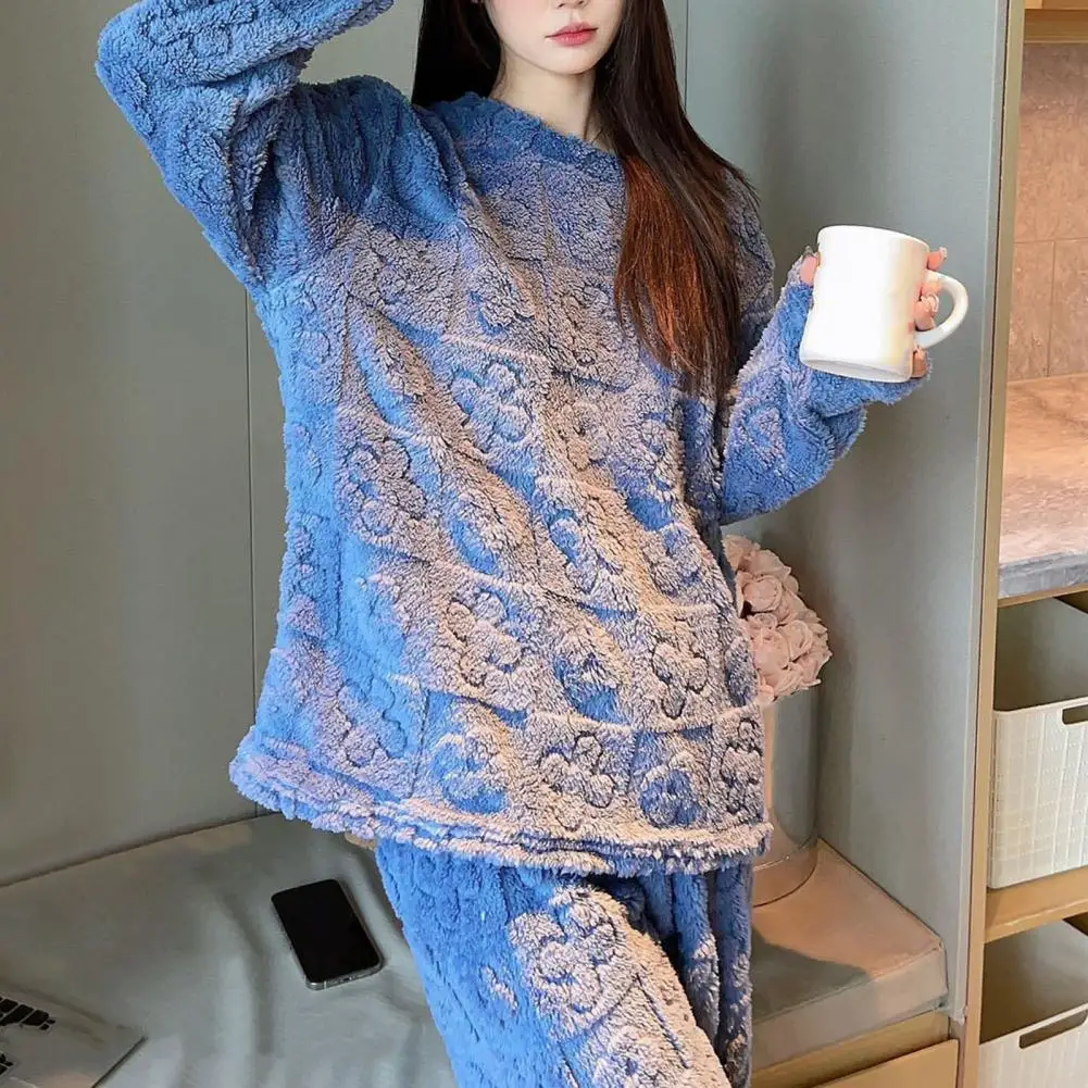 

Женский бархатный пижамный комплект кораллового цвета, уютный зимний пижамный комплект для женщин, толстый флисовый топ, брюки с эластичным поясом, однотонная теплая домашняя одежда