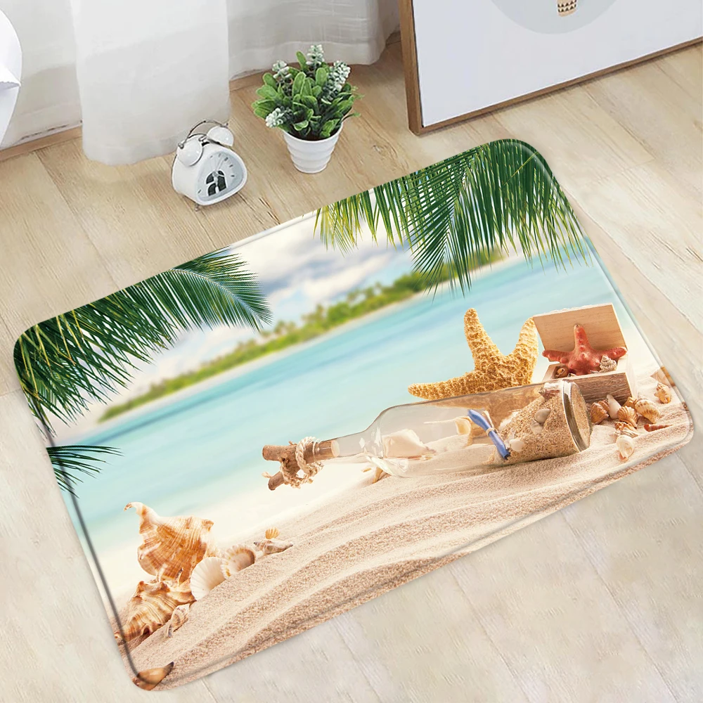 

Doormat Ocean Scenery Bathroom Mat Palm Tree Green Leaf Plant Beach Shell Landscape Non-Slip Rug Kitchen Bedroom Doorway Carpets