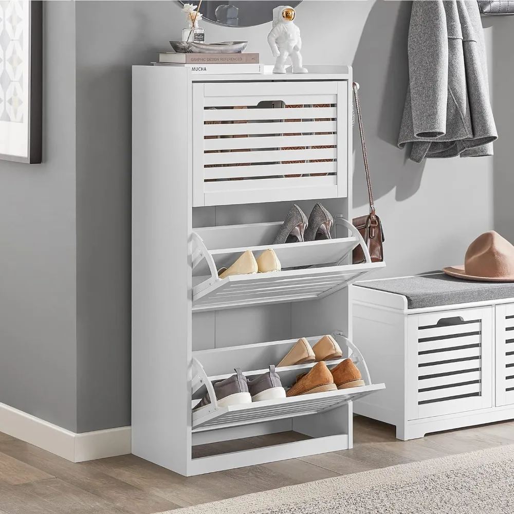 

White Shoe Cabinet with 3 Flip Drawers, Freestanding Shoe Rack with Hooks, Shoe Storage Cupboard Organizer Unit