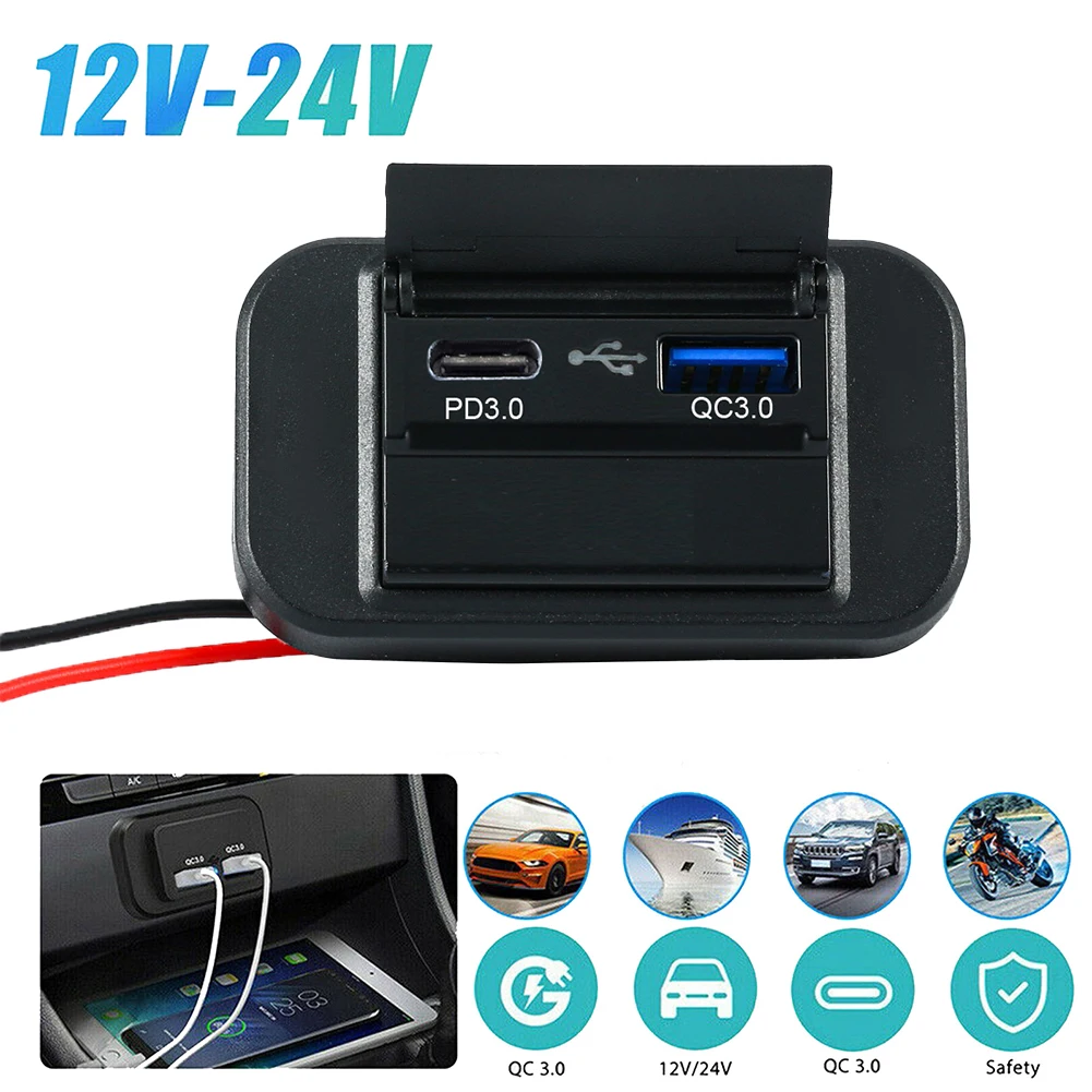 

Car Fast Charge Socket 12V Dual USB Port QC3.0+PD3.0 Quick Charger Sockets Power Outlet Panel For Car Boat Bus RV Boat