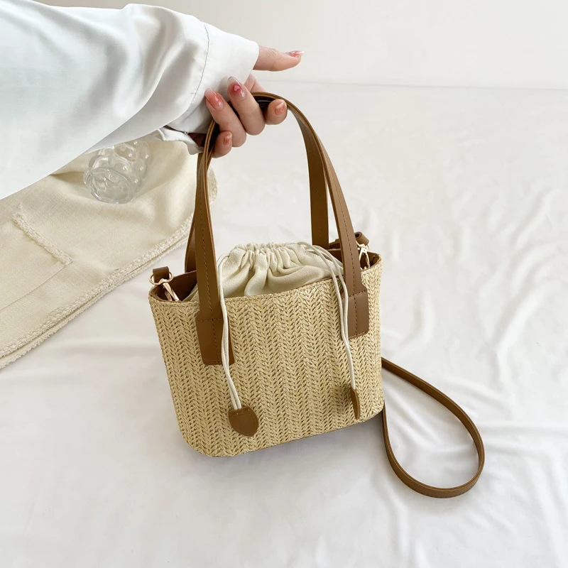 Knit Straw Bucket Tote - Woven Beach Travel Bag with Wrist Handle 16 S9eda924a4b4e4dbcafa00b7d323d193ae