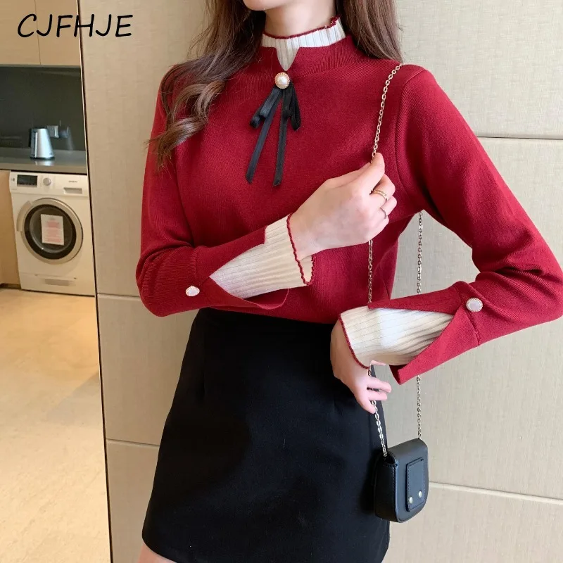 

CJFHJE Spring New Gentle Style Half High Neck Women's Sweater Korean Fashion Splicing Contrast Color Bow Long Sleeve Knitted Top