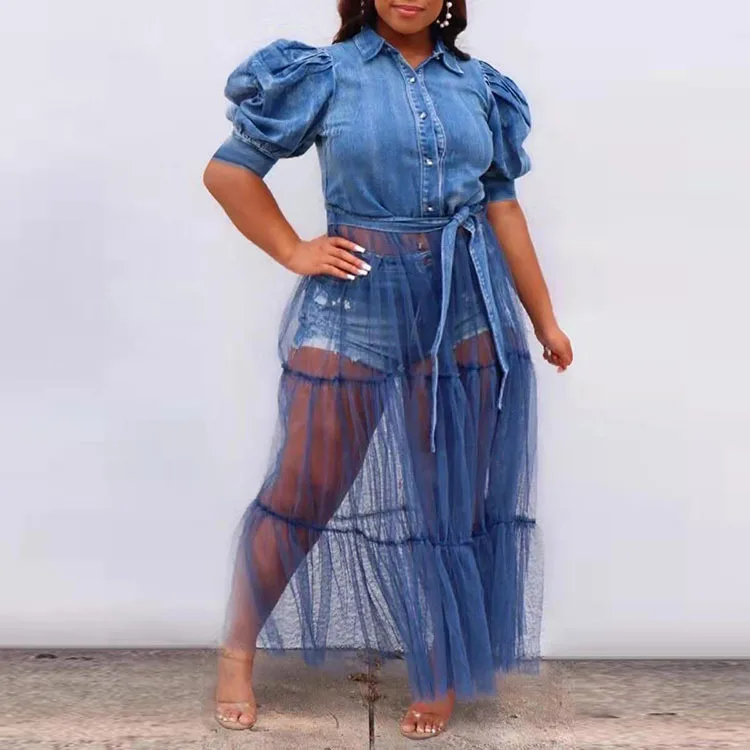 Women Clothing Elegant Shirt Long Blue Denim Dress Mesh Patchwork Ladies Jeans Dresses Puff Sleeves Sexy Chest Wrap Skirt
Women Clothing Elegant Shirt Long Blue Denim Dress Mesh Patchwork Ladies Jeans Dresses Puff Sleeves Sexy Chest Wrap Skirt