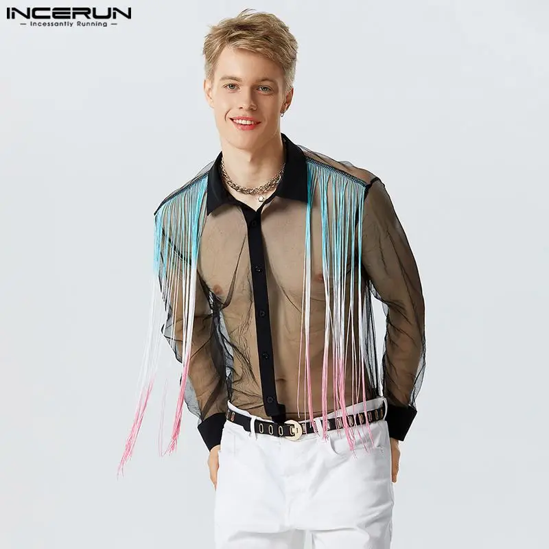 

INCERUN Tops 2023 American Style New Mens Colorful Tassel See-through Mesh Blouse Casual Clubwear Male Long Sleeved Shirts S-5XL