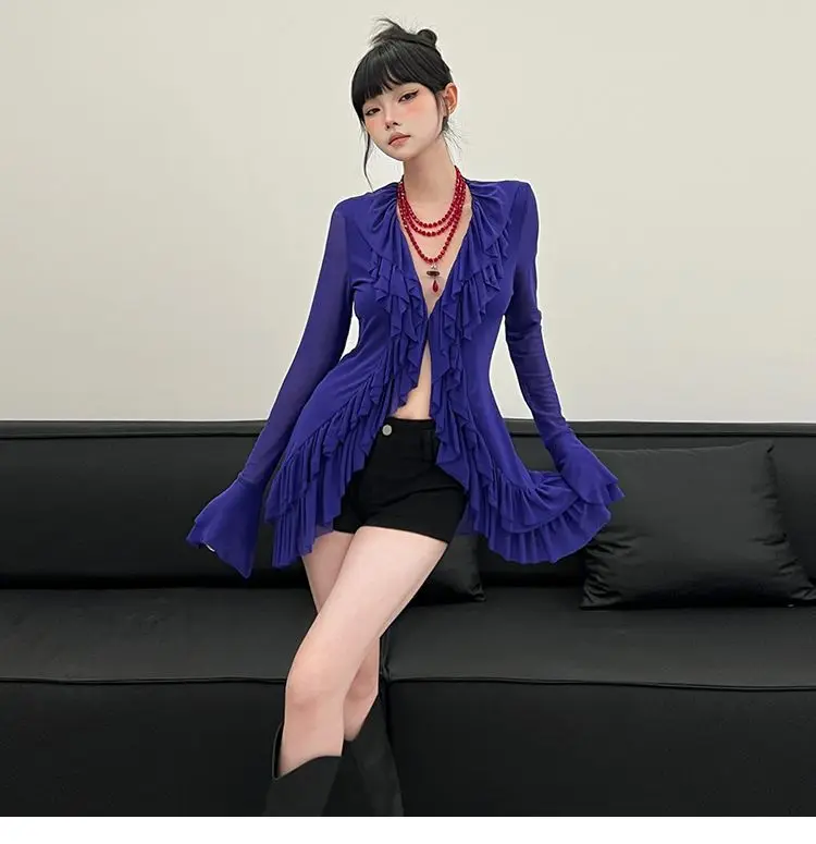 Korean Blouse Women's Clothing V-neck Long Sleeve Tunic Shirts Camisas De Mujer Heavy Ruffles Spring Summer Gauze Blouses Tops Korean Blouse Women's Clothing V-neck Long Sleeve Tunic Shirts Camisas De Mujer Heavy Ruffles Spring Summer Gauze Blouses Tops