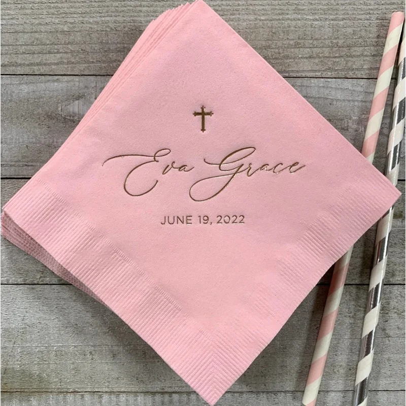 

50 Personalized Baptism Monogram Napkins Baby Communion Christening Beverage Cross Religious Cocktail Luncheon Guest Towel Din