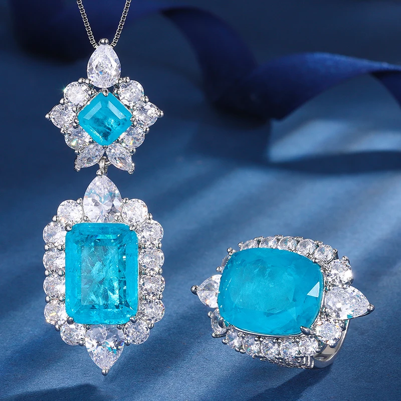 

Роскошный женский свадебный комплект бижутерии EYIKA серебряного цвета с искусственным камнем бразильский парэйба турмалиновый синий фьюжн ожерелье кольцо