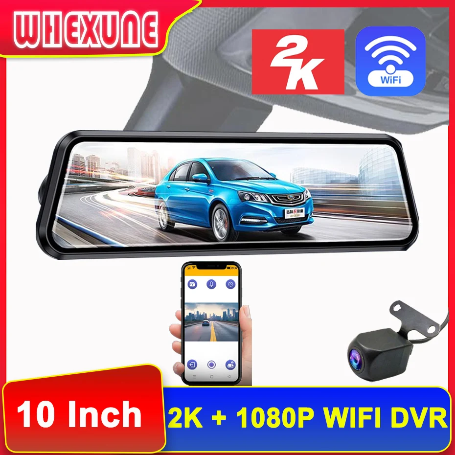 

WHEXUNE Car DVR WIFI 2K Rear View Mirror Video Recorder 3 IN 1 FHD Video 10 Inch Dash Cam Sony Lens with Rearview Camera Mirror