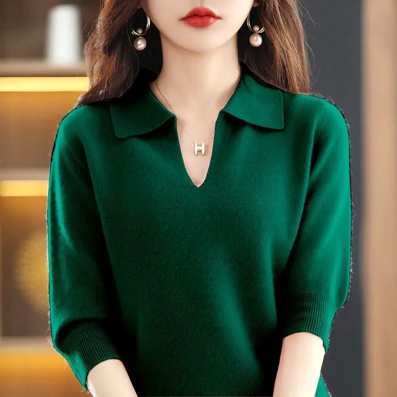 

Spring and Autumn Women's Pullover Polo Solid Screw Thread Three Quarter Sweater Knitted Underlay Fashion Elegant Casual Tops