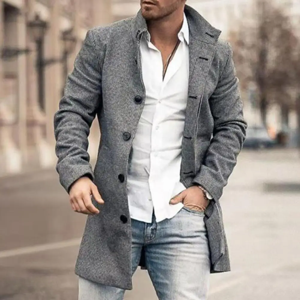 

Men Overcoat Plaid Single-breasted Turndown Collar Long Sleeves Slim Mid-length Jacket Coat Warm Pockets Trench Coat