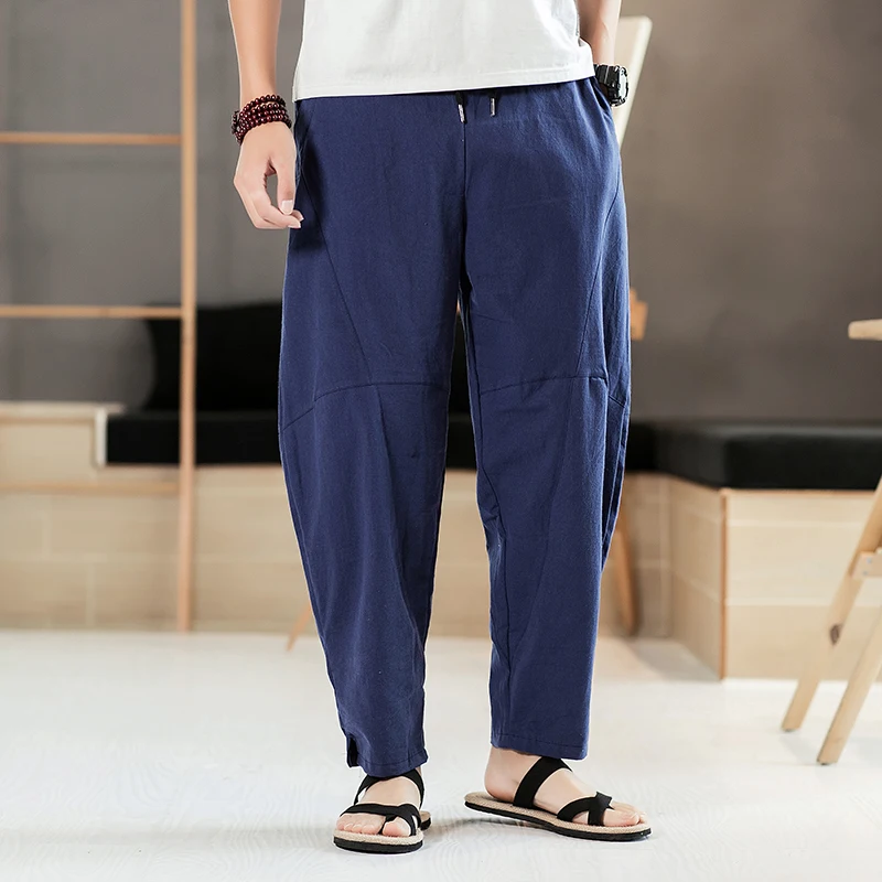 

M-5XL Men's Plus Size Linen Loose Trousers Chinese Style Harem Pants Elastic Waist Plain Color Casual Loose Trousers Male XXXXXL