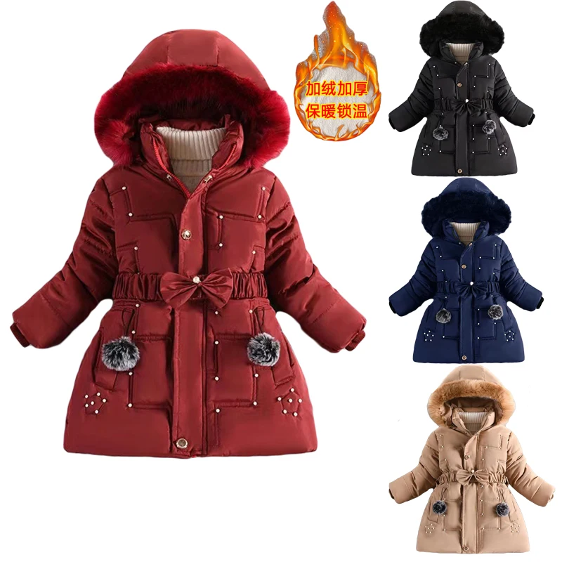 

Girls Jackets 4-12Y -30℃ Winter Thick Warm Coats Padded Heavy Cotton Clothes Fur Collar Hooded Cold Parka Mid-Length Outerwear