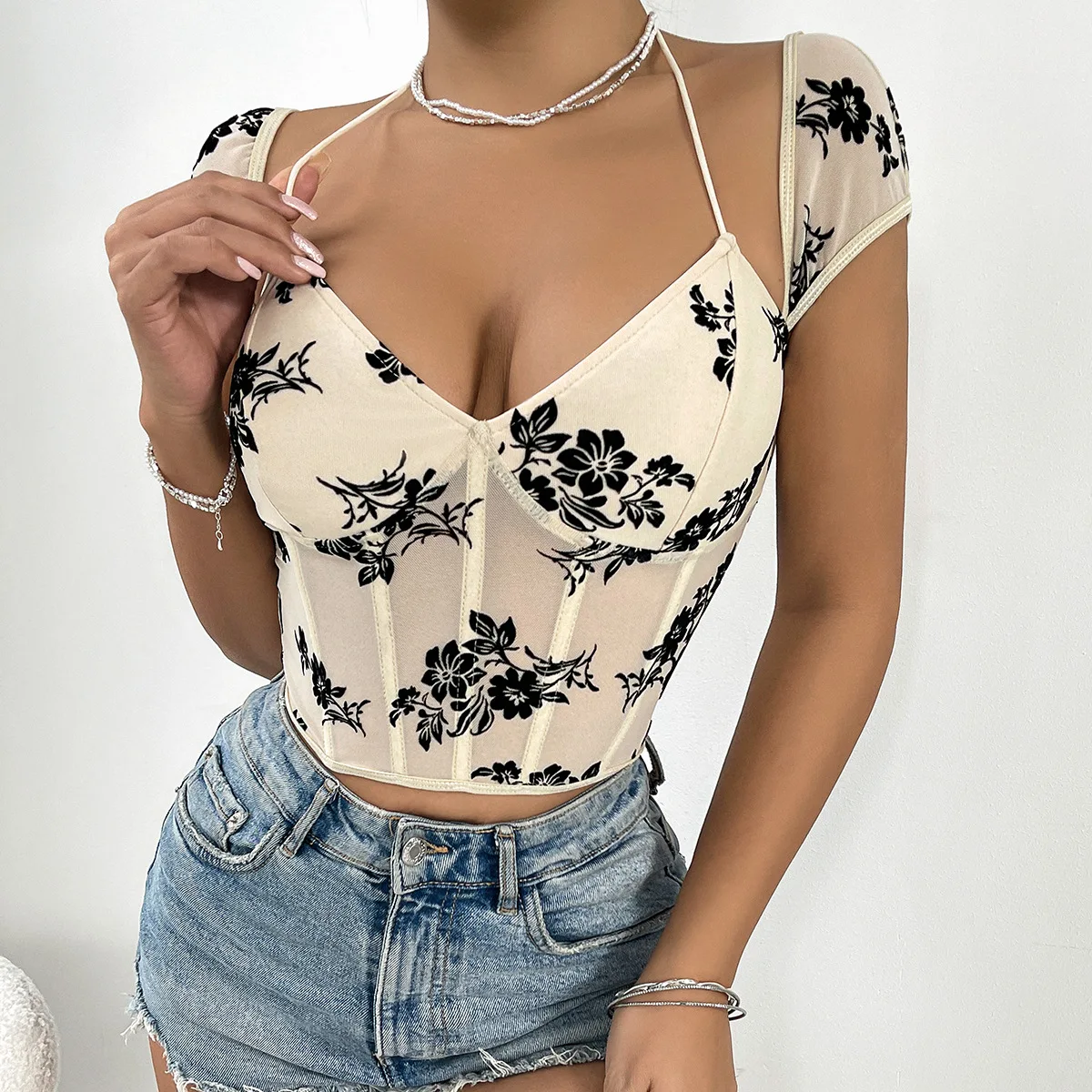 

Sexy Print Crop Tops Apricot Backless Corset Women's Clothes Tank Top Summer Fashion Halter Bustier Female Slim Camisole T-shirt