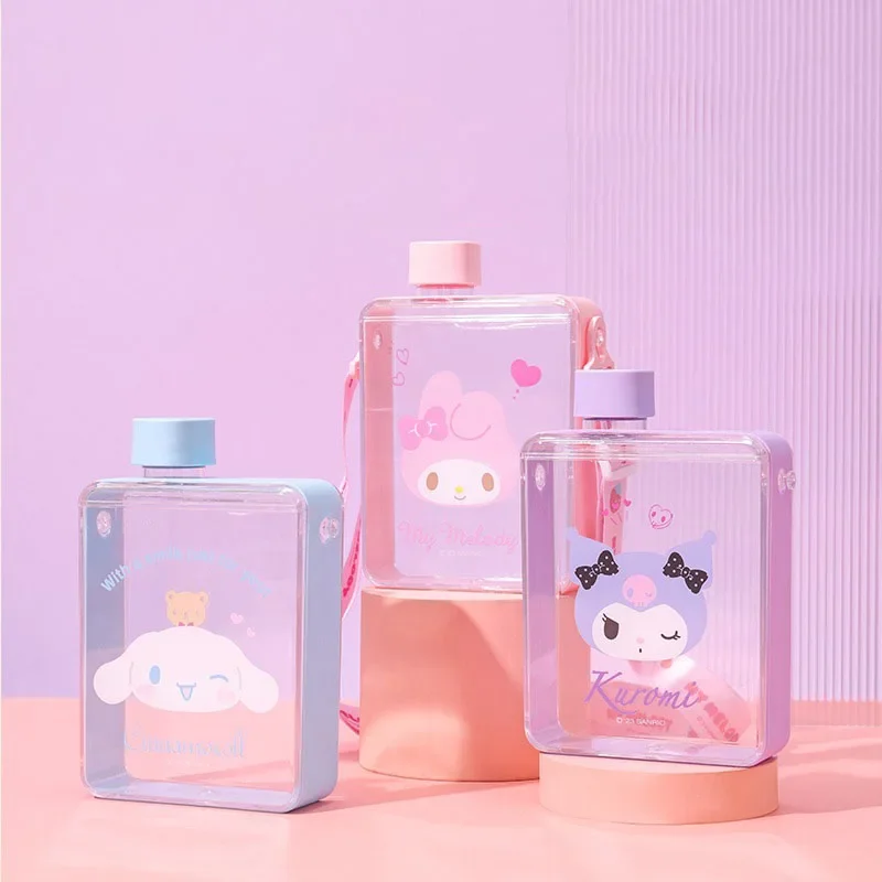 

Kawaii My Melody Kuromi Cinnamoroll 500Ml Square Plastic Cup Anime Sanrio Girl Heart Cute Large Capacity Messenger Water Glass