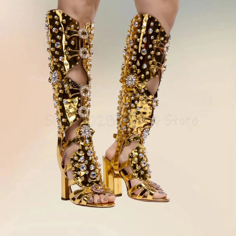 Crystal Flower Decor Gold Hollow Design Sandals Boots Knee High Women Shoes Chunky High Heels Fashion 2024 Zapatos Para Mujere
Crystal Flower Decor Gold Hollow Design Sandals Boots Knee High Women Shoes Chunky High Heels Fashion 2024 Zapatos Para Mujere