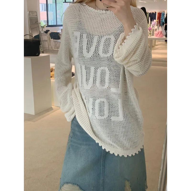 

Women's 2024 New Summer O-Neck Pullovers Letter Hollowed Out Jacquard Fashion Loose Long Sleeved Knitted Sun Protection Top