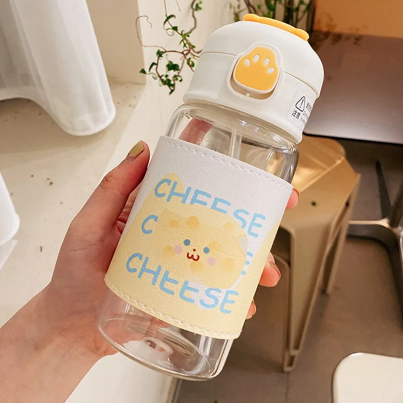 Kawaii Cartoon Glass Water Bottle with Straw 13oz Kawaii Cartoon Glass Water Bottle with Straw 13oz