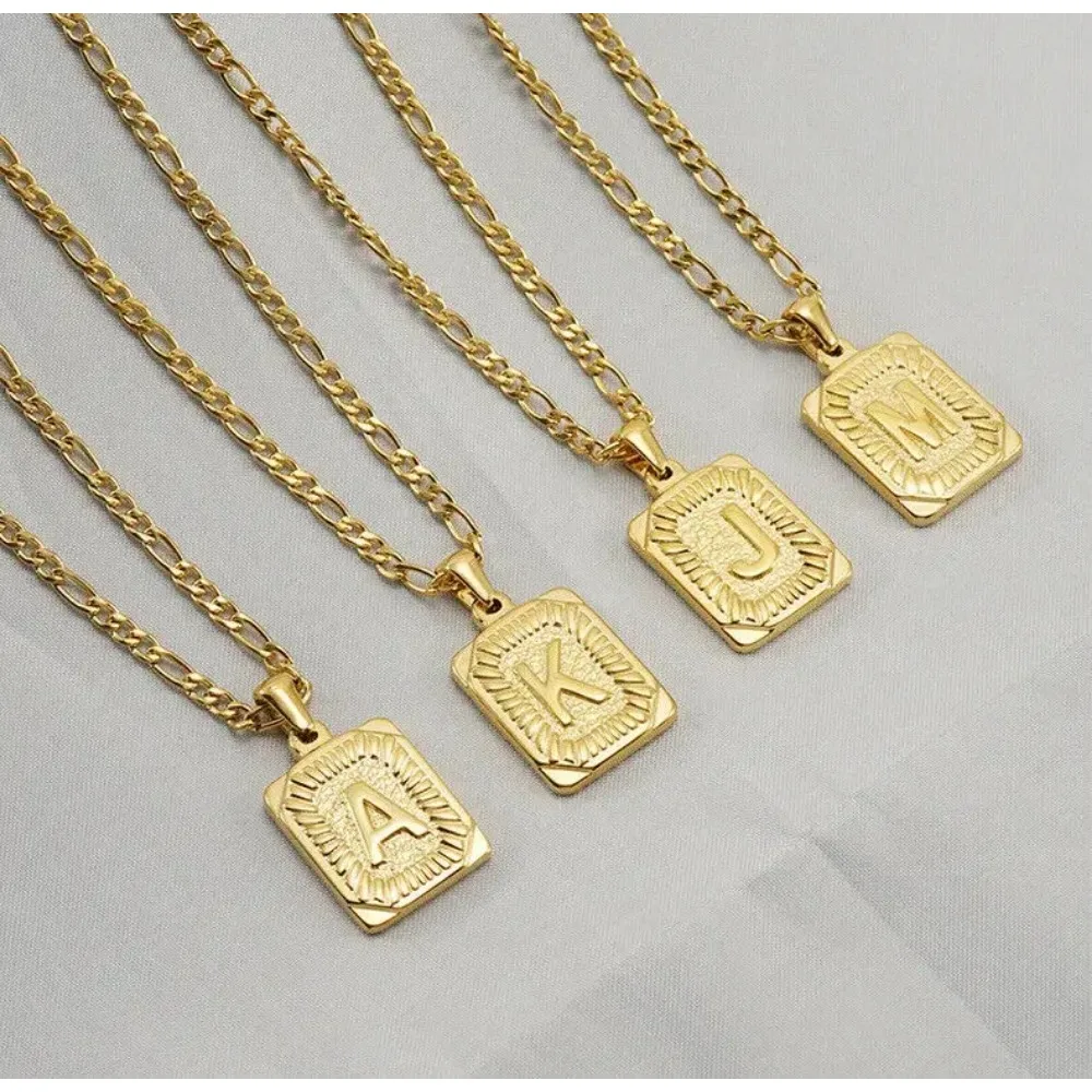 

CHUANGCHENG Trendy Fashion 18K Gold Plated Square Capital Letter A-Z Monogram Pendant Figaro Chain Necklace Accessorirs