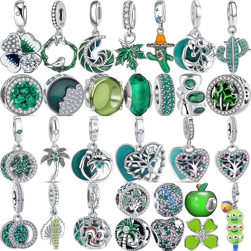 

925 Sterling Silver Green Four Leaf Clover Tree Caterpillar Cactus Apple Charm Beads Fit Pandora Original Bracelet Women Jewelry