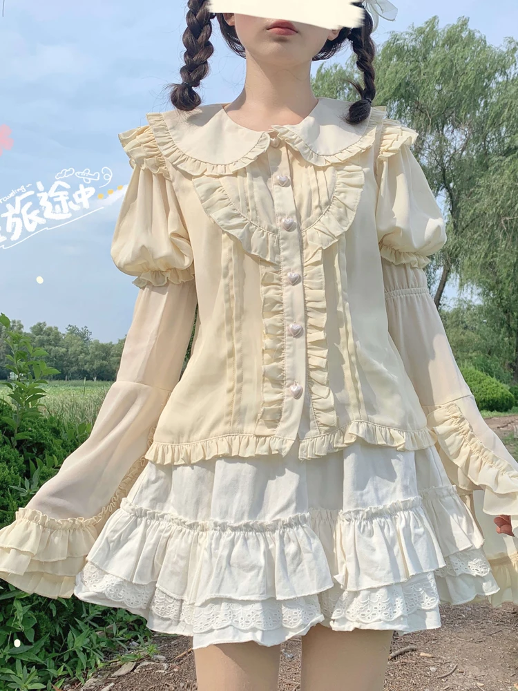 

KIMOKOKM/милый девчачий однобортная рубашка в стиле Лолиты с воротником в стиле Питера Пэна, кружевные милые блузы с длинными рукавами и завязками