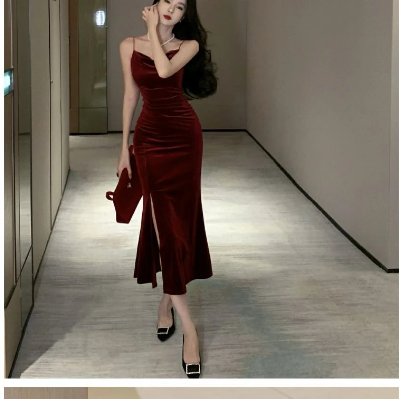 

Женское бархатное платье средней длины, красное винтажное облегающее платье на тонких бретелях, с разрезом, для клуба и выпускного вечера, элегантное пляжное платье