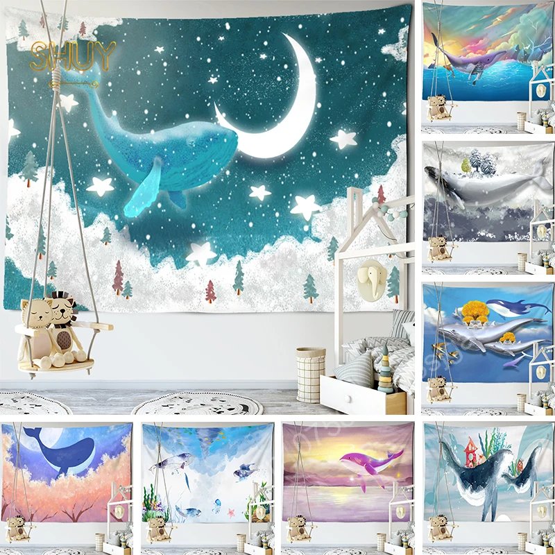 

Dream Whale Print Tapestry Children Bedroom Wall Hanging Cloth Cartoon Kawaii Girls Room Decoration Mural Kids Study Tapestries