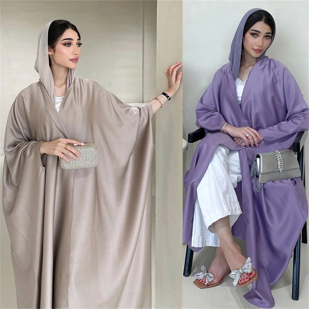 

Silk Satin Open Abaya Cardigan Muslim Women Kimono Bat Sleeve Maxi Dress Turkey Dubai Kaftan Islam Arab Eid Robe Moroccan Abayas