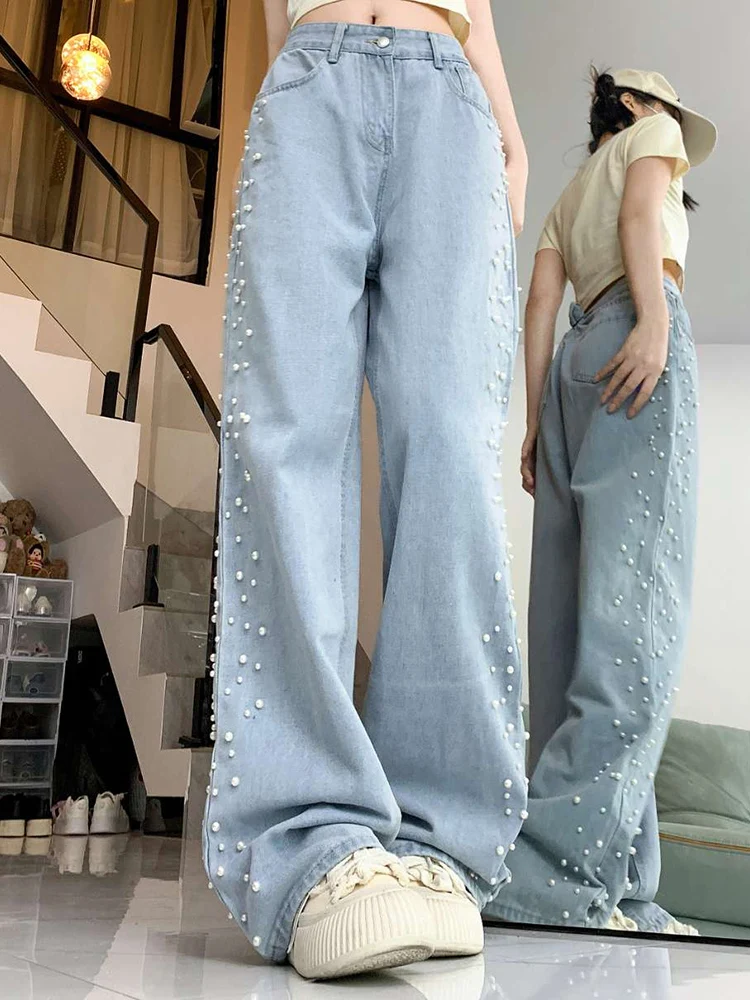 

Women High Waist Loose Washed Retro Denim Trousers Lady Light Blue Pearls Embroidered Flares Sweet High Street Slim Korean Jeans
