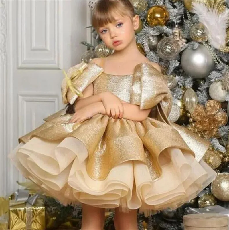 

Gold Satin Baby Girls Dresses Puffy Little Princess Dress Tutu Outfit Baby Girl Dresses First Communion Gown Child 1-14T